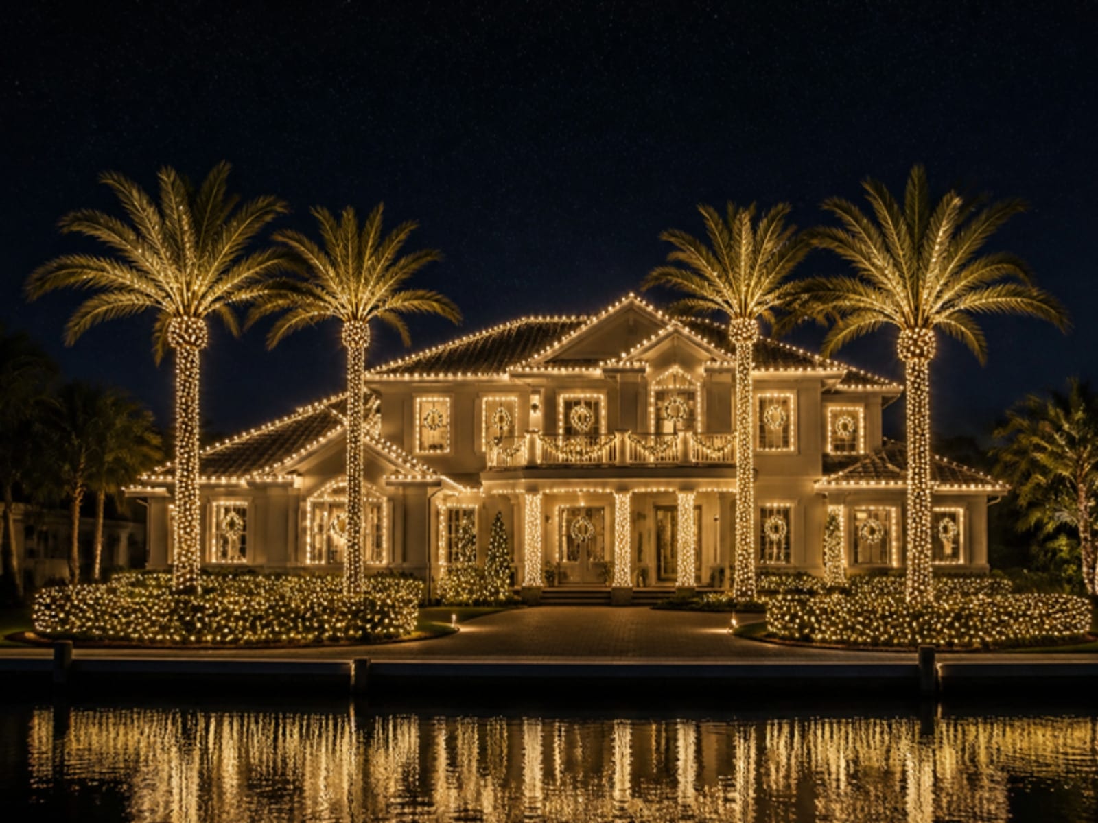 Concept: a large waterfront home fully lit in warm white, reflected in the canal