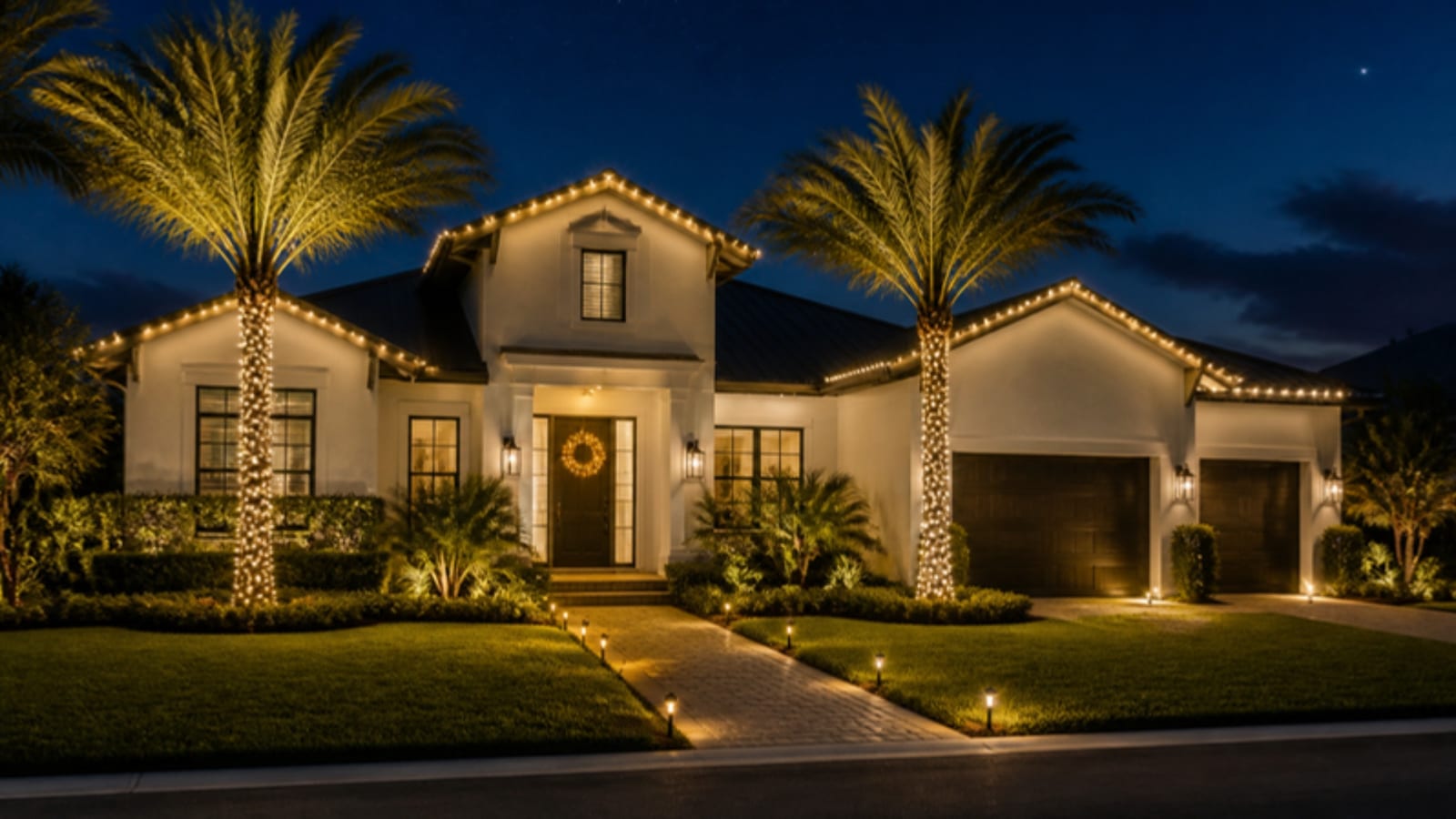 Concept: a coastal Florida home with warm-white roofline lighting, wrapped palms, a lit wreath and path lights at dusk