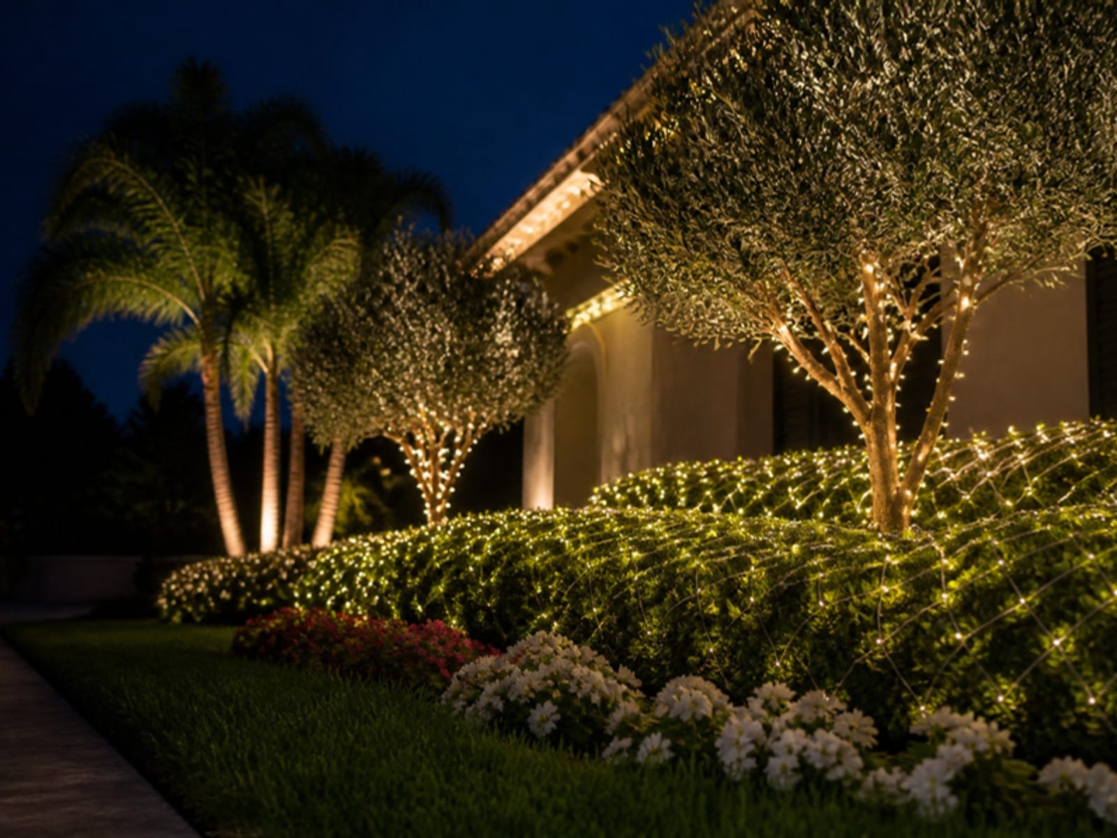 Concept: hedges and beds glowing with warm-white net lights