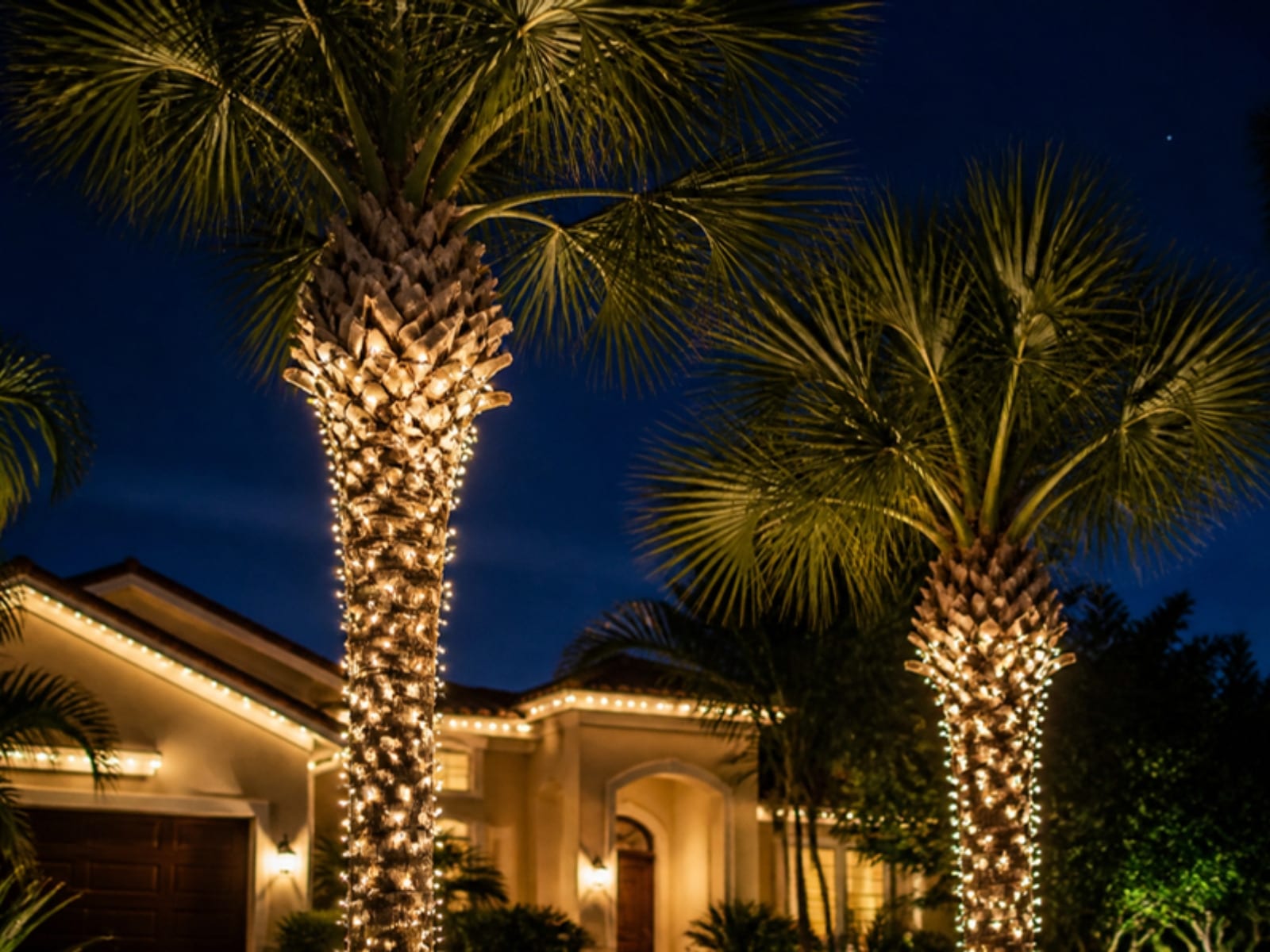 Concept: two sabal palms wrapped trunk to crown in warm-white mini lights