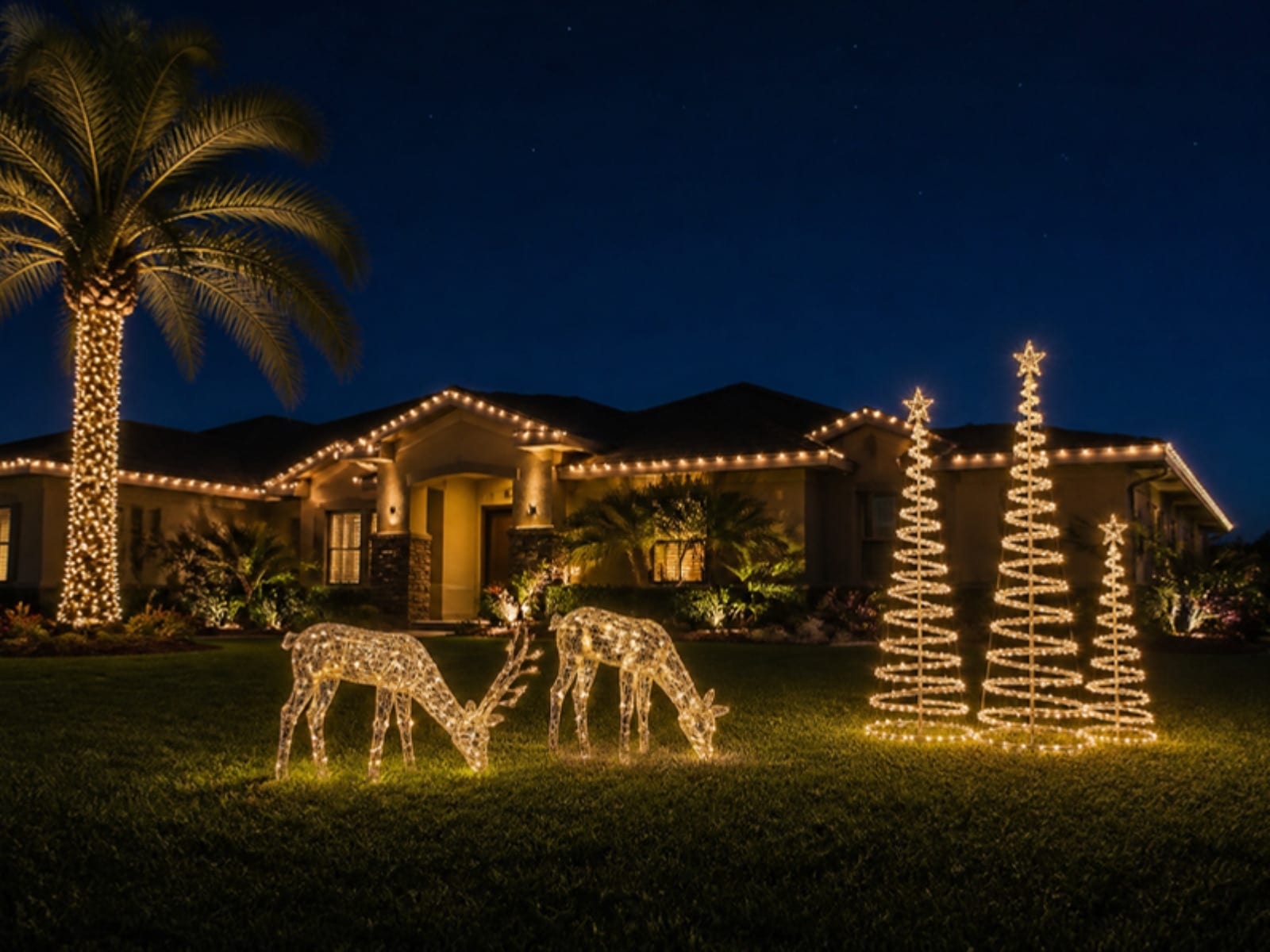 Concept: lit wireframe reindeer and spiral trees on a front lawn